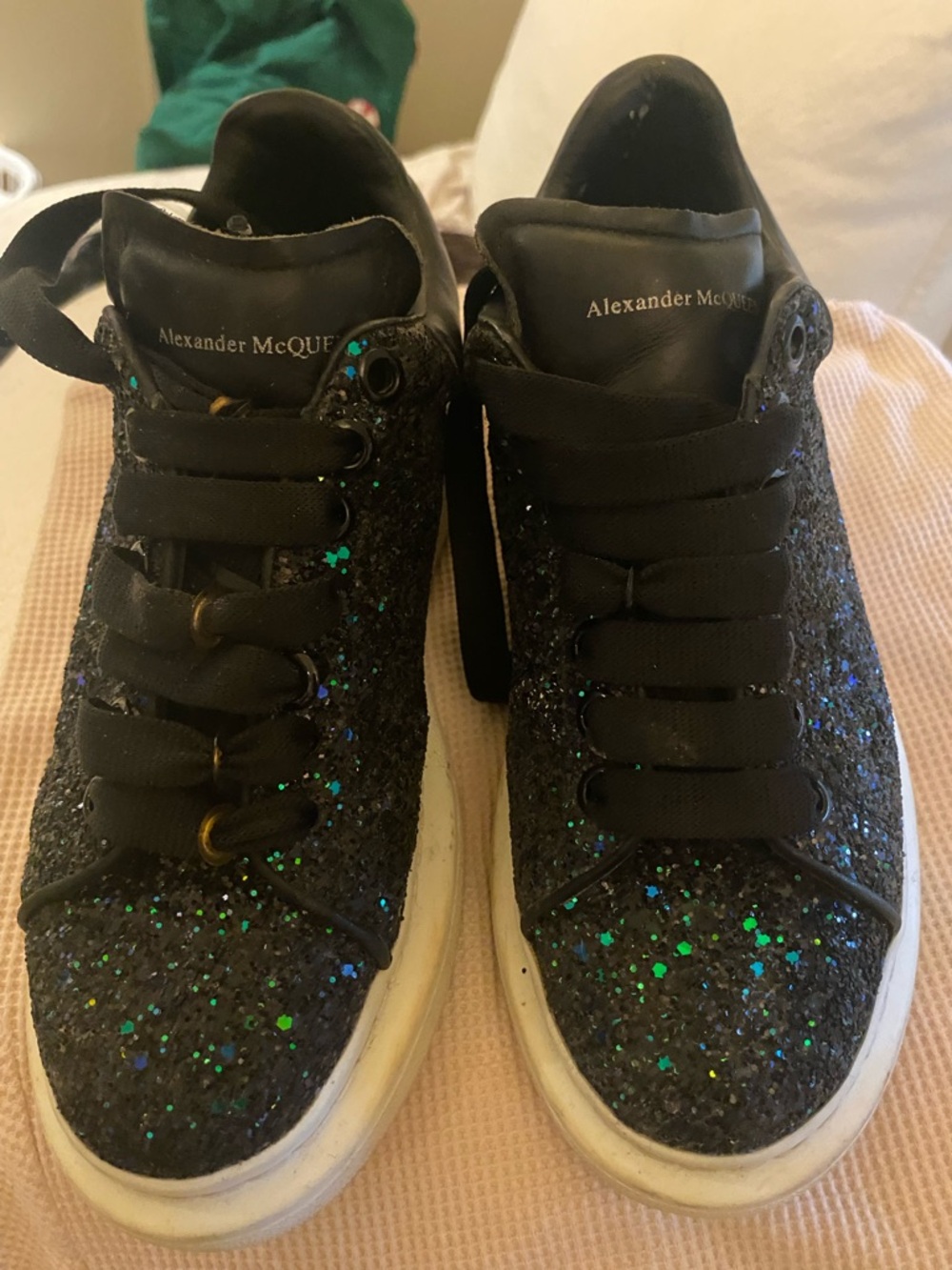 Alexander McQueen Black Glitter Sneakers with Green & Blue Sparkle